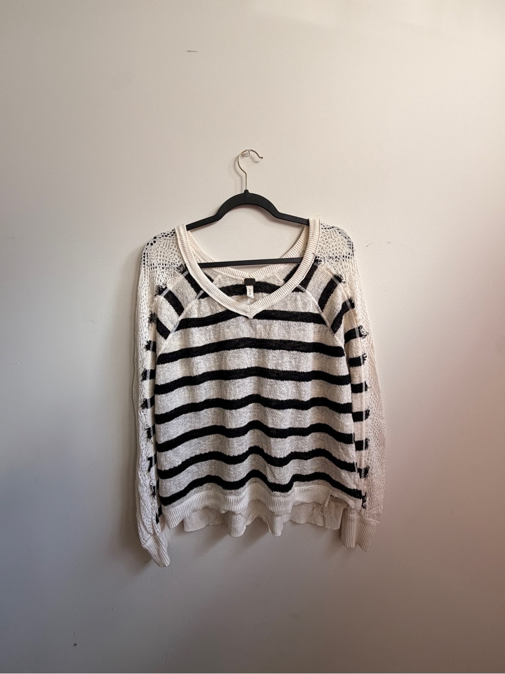 We The Free Cream & Black Striped V-Neck Sweater